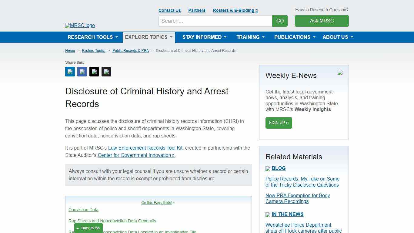 MRSC - Disclosure of Criminal History and Arrest Records